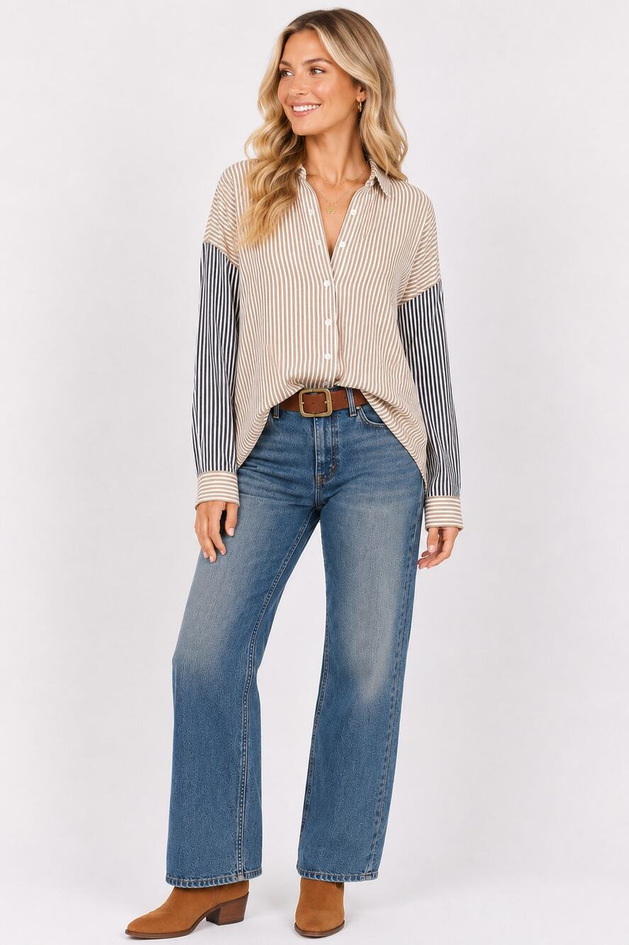 Free People Mixed Stripe Button Down Shirt S Colorblock Oversized Boho Coastal